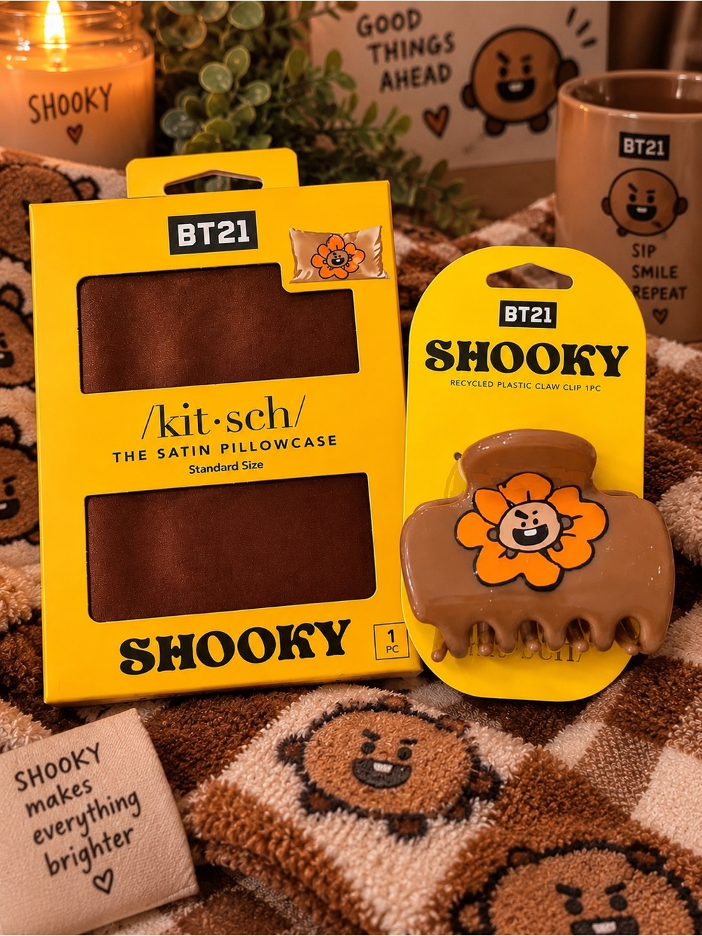 BT21 Shooky Brown Satin Pillowcase & Brown Shooky Claw Clip Set